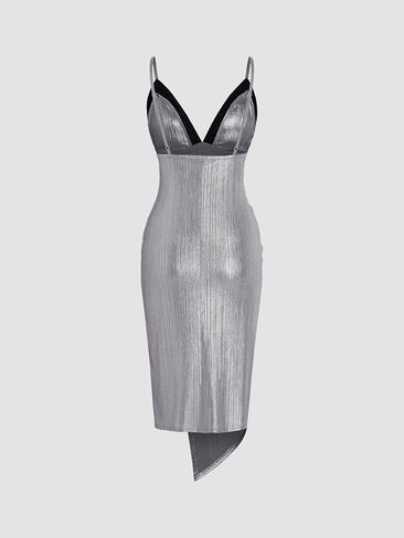 CIDER Metallic V-Neck Solid Ruched Midi Dress in Kuwait