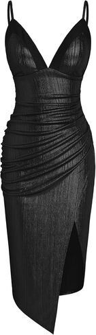 CIDER Metallic V-Neck Solid Ruched Midi Dress in Kuwait