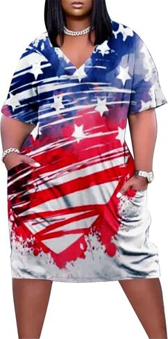 TAOHONG Amercian Flag Dress Women 4th of July Patriotic T Shirt Dress Plus Size V-Neck Short Sleeve Dress with Pocket in Saudi Arabia