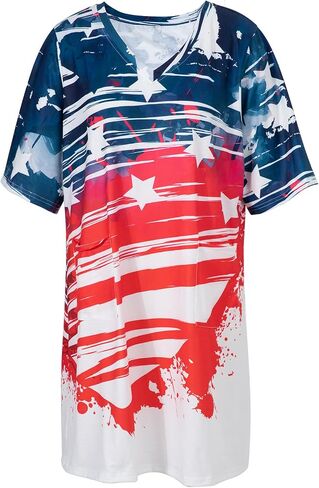 TAOHONG Amercian Flag Dress Women 4th of July Patriotic T Shirt Dress Plus Size V-Neck Short Sleeve Dress with Pocket in Saudi Arabia