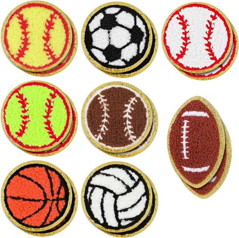 16pcs Sports Themed Patch Sequin Gold Edges Chenille Patches Basketball Soccer Baseball Football Volleyball Iron on and Sew on Applique Sports Embroidered Patches Badge for DIY Clothes Repair Hat Bags in Saudi Arabia