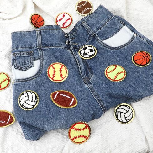 16pcs Sports Themed Patch Sequin Gold Edges Chenille Patches Basketball Soccer Baseball Football Volleyball Iron on and Sew on Applique Sports Embroidered Patches Badge for DIY Clothes Repair Hat Bags in Saudi Arabia