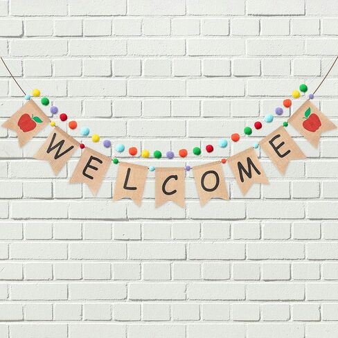 K1tpde قطعتان من لافتة الترحيب بالعودة إلى المدرسة مع مجموعة إكليل كرة من اللباد بوم بوم، وعلامة الترحيب وديكور لافتة بنمط التفاح، وإكليل كرة ملون للفصل الدراسي، وخلفية اليوم الأول للمدرسة in Kuwait