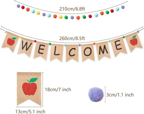 K1tpde قطعتان من لافتة الترحيب بالعودة إلى المدرسة مع مجموعة إكليل كرة من اللباد بوم بوم، وعلامة الترحيب وديكور لافتة بنمط التفاح، وإكليل كرة ملون للفصل الدراسي، وخلفية اليوم الأول للمدرسة in Kuwait