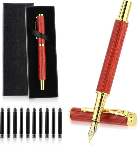 Vintage Wooden Fountain Pen Set, 0.5mm Fine Nib with Gift Box and 10 2.6mm Ink Cartridges Business Retro Wood Fountain Pen Smooth Writing Calligraphy Pen for Signature Journal Office(Red-brown) in Saudi Arabia