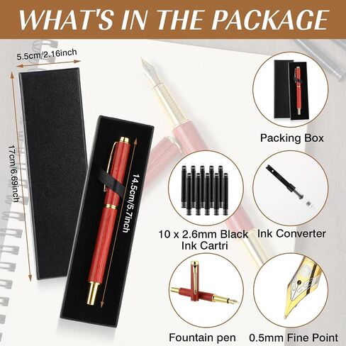 Vintage Wooden Fountain Pen Set, 0.5mm Fine Nib with Gift Box and 10 2.6mm Ink Cartridges Business Retro Wood Fountain Pen Smooth Writing Calligraphy Pen for Signature Journal Office(Red-brown) in Saudi Arabia