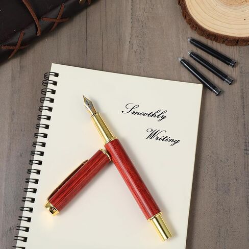 Vintage Wooden Fountain Pen Set, 0.5mm Fine Nib with Gift Box and 10 2.6mm Ink Cartridges Business Retro Wood Fountain Pen Smooth Writing Calligraphy Pen for Signature Journal Office(Red-brown) in Saudi Arabia