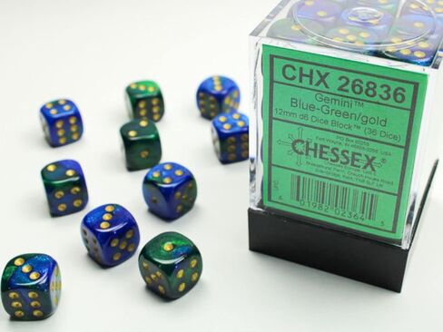 Chessex Dice d6 Sets: Gemini Blue & Green with Gold - 12mm Six Sided Die (36) Block of Dice in Saudi Arabia