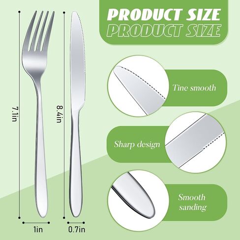 Nuenen 50 قطعة من الشوك المصنوعة من الفولاذ المقاوم للصدأ، مجموعة أدوات المائدة وشوك العشاء وسكاكين العشاء، مجموعة أدوات المائدة لمطعم مطبخ الزبدة (فضي، 7.1 × 1 بوصة، 8.4 × 0.7 بوصة) in Kuwait