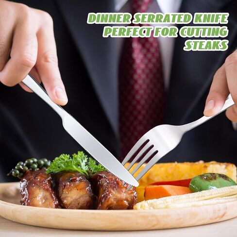 Nuenen 50 قطعة من الشوك المصنوعة من الفولاذ المقاوم للصدأ، مجموعة أدوات المائدة وشوك العشاء وسكاكين العشاء، مجموعة أدوات المائدة لمطعم مطبخ الزبدة (فضي، 7.1 × 1 بوصة، 8.4 × 0.7 بوصة) in Kuwait