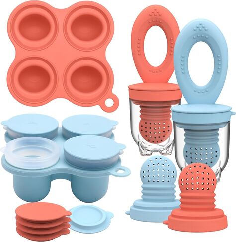 حاويات طعام الأطفال، فريزر ولهاية تغذية الطعام، مجموعتان من قوالب مصاصات الفاكهة الشبكية المصنوعة من السيليكون للتسنين (أزرق + أحمر) in Kuwait