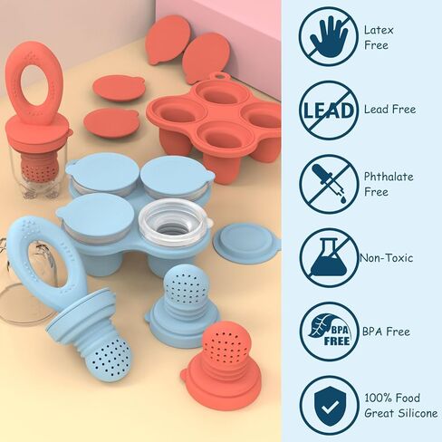 حاويات طعام الأطفال، فريزر ولهاية تغذية الطعام، مجموعتان من قوالب مصاصات الفاكهة الشبكية المصنوعة من السيليكون للتسنين (أزرق + أحمر) in Kuwait