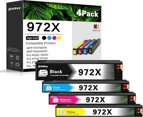 خراطيش حبر 972X عالية الإنتاجية (4 عبوات، أسود/سماوي/أرجواني/أصفر) - استبدال خرطوشة حبر 972 972X متوافقة لطابعة HP Pagewide MFP P57750DW Pro 452dn 452dw 552dw 477dw 577dw in Kuwait