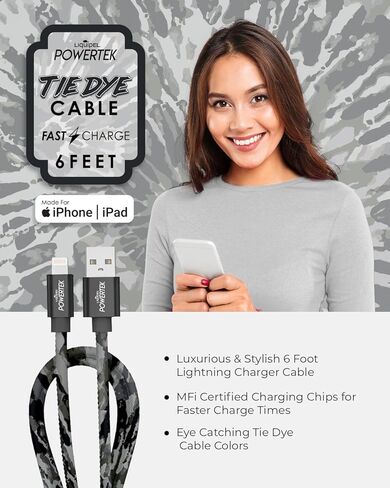 كابل شاحن LIQUIPEL Powertek iPad وiPhone Lightning، شحن سريع 6 أقدام MFI، ربطة عنق سوداء (وردي مخضر) in Kuwait