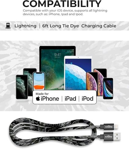 كابل شاحن LIQUIPEL Powertek iPad وiPhone Lightning، شحن سريع 6 أقدام MFI، ربطة عنق سوداء (وردي مخضر) in Kuwait
