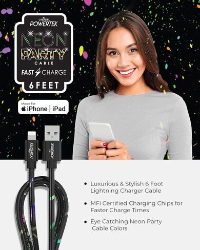 LIQUIPEL Powertek iPad & iPhone Lightning Charger Cable, Fast Charging 6ft MFI, Neon Party (Green) in Saudi Arabia