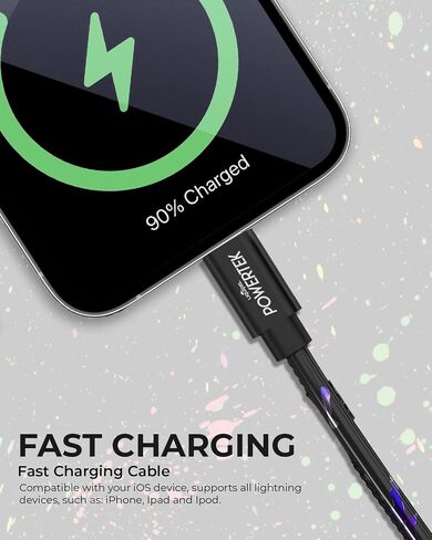 LIQUIPEL Powertek iPad & iPhone Lightning Charger Cable, Fast Charging 6ft MFI, Neon Party (Green) in Saudi Arabia