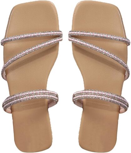 GORGLITTER Women's Trendy Rhinestone Sparkly Flat Sandals Strappy Slip on Open Toe Slide Sandals in Saudi Arabia