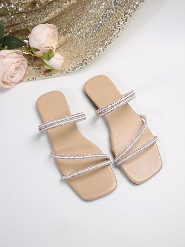 GORGLITTER Women's Trendy Rhinestone Sparkly Flat Sandals Strappy Slip on Open Toe Slide Sandals in Saudi Arabia