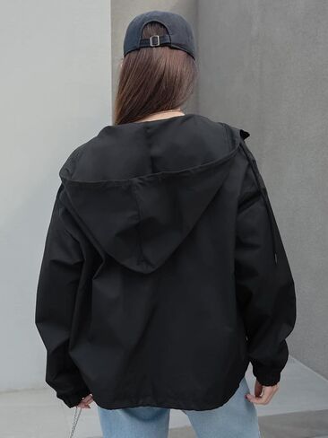MakeMeChic Women's Casual Loose Zip Up Drawstring Hooded Jacket Outwear Drop Shoulder Hoodie Windbreaker in Saudi Arabia