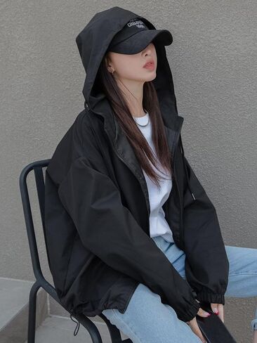 MakeMeChic Women's Casual Loose Zip Up Drawstring Hooded Jacket Outwear Drop Shoulder Hoodie Windbreaker in Saudi Arabia