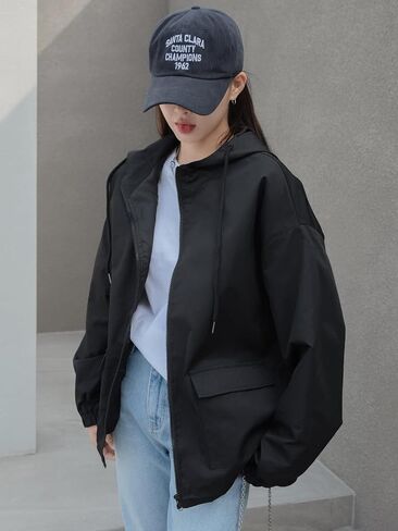 MakeMeChic Women's Casual Loose Zip Up Drawstring Hooded Jacket Outwear Drop Shoulder Hoodie Windbreaker in Saudi Arabia