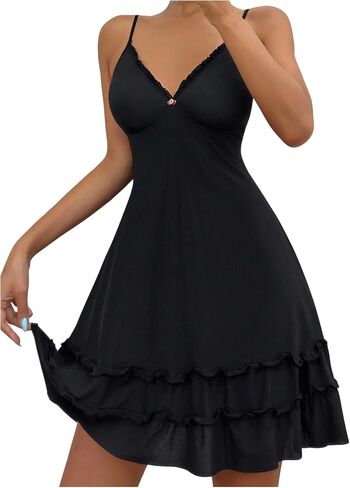 Milumia Women's Lace Frill Trim Cami Nightgown Sleeveless V Neck Flare Hem Nightdress in Saudi Arabia