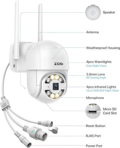 ZOSI C289 Plug-in 3MP Wired WiFi Auto Tracking PT Camera Outdoor, Color Night Vision, 2-Way Talk, AI Human Vehicle Detection & Siren Alarm, Pan/Tilt WiFi Camera, 5X Digital Zoom, SD Card Storage in Saudi Arabia