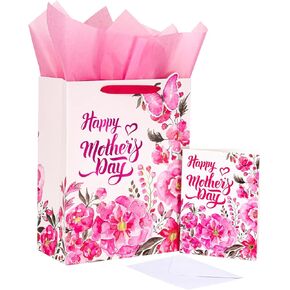 LeZakaa Mother's Day Gift Bag with Tissue Paper and Greeting Card 13"x10"x5", Medium Yellow Floral Gift Bag - Happy Mother's Day Lettering, Yellow Floral with Gold Foil Design