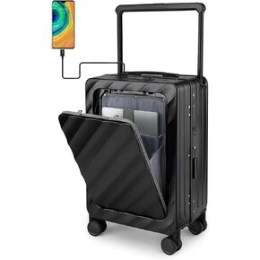 Somago Traveling Luggage Wide Handle Carry On Suitcase 20 Inch 22x14x9 Aluminum Framed PC Hardside Business Baggage with 4 Wheels USB Charging Port TSA Lock Updated Version (Black)