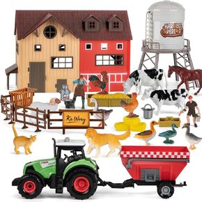Farm Animal Toy Set with Red Barn, 33Pcs Farm Barn Playset for Kid Toddler 3-5 5-7 Year Old including Animal Figure Farmer Tractor and Farm Life Accessories Horse Cow Sheep Goose Duck Cat Dog