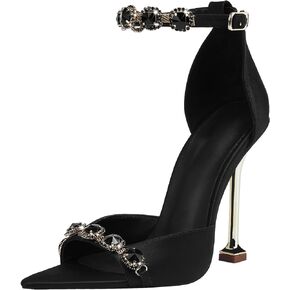 Women's Rhinestone Stiletto High Heeled Sandals Open Pointed Toe Ankle Buckle Heels Sandals Sexy Satin Stiletto Ankle Strappy Sandals for Party Prom