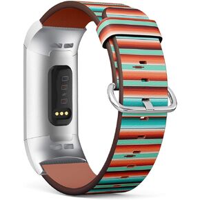 Compatible with Fitbit Charge 3 & 3 SE - Leather Wristband Bracelet Replacement Accessory Band (Includes Adapters) - Teal Orange Turquoise Southwestern Blanket