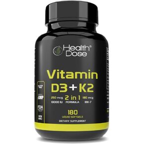 Vitamin D3 10,000 IU + K2 (MK7) Supplement, 2-in-1 Formula, Immune Support, a Healthy Mood, Heart, Joint, Teeth, Bone Health, Calcium Absorption, 180 softgels.