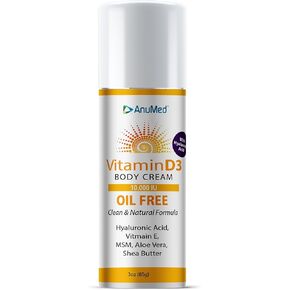 AnuMed Vitamin D3 10,000 IU Oil-Free Cream with Magnesium + Hyaluronic Acid, Vitamin E. Moisturizing Cream for Dry Skin. Non-Greasy, Non-GMO, 100% Vegan, Gluten-Free (3oz)