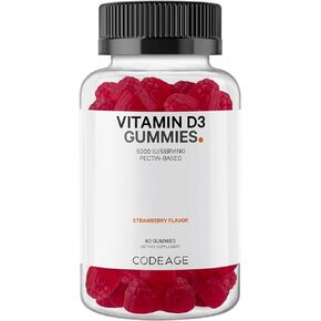 Codeage Vitamin D3 Gummy Vitamins, Vitamin D3 5000 IU Gummies Cholecalciferol 125 mcg, Soft Pectin-Based, Animal Gelatin-Free Gummy, Bones & Heart, Tasty Strawberry, Gluten-Free, Non-GMO - 120 Count
