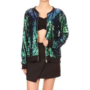Women's Sequin Jacket Sparkle Long Sleeve Front Zip Blazer Halloween Party Bomber Jacket