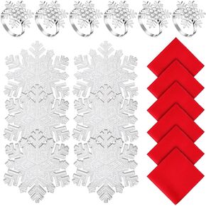 18 Pcs 15 Inch Christmas Napkin Rings Christmas Snowflake Placemats Christmas Cloth Napkin Silver Placemats Metal Napkin Holder Red Napkins Formal Table Setting for Dinning Xmas Party(18 Pcs)