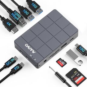 MAIWO M.2 SSD Enclosure with USB C Hub, Laptop Hub with 10Gbps NVMe SATA M.2 Slot, HD-MI, 100W PD, 1000Mbps Ethernet, USB3.1 Type-C, USB 2.0, SD/TF Card Reader Laptop Docking Station