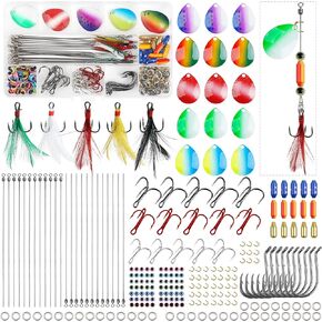 Walleye Rig Making Kit DIY Spinner Fishing Lures,250Pcs Spinner Blades Lures Making Supplies Spinner Accessories Colorado Blades Fishing Clevis Crawler Dressed Treble Hooks Beads for Bass Trout