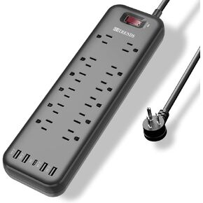 Power Strip Surge Protector with 12 Outlets & 4 USB Ports & 1 USB-C Port (5V/3A), 2360 Joules, Angled Flat Plug, Spaced Outlets & ETL Listed Power Outlet for Home Office - Black