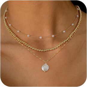 Gold Pearl Necklace，Layered Gold Choker Necklaces for Women Pearl Pendant Necklaces Stackable Stacked Stacking Layering Dainty Gold Necklace Pearl O Chain Necklace Simple Girls Jewelry Gift
