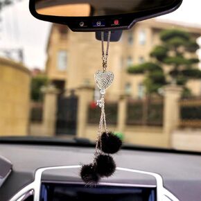 Bling Car Mirror Accessories for Women, Rhinestone Diamond Love Heart & Pink Plush Ball Decor Ornament Pendant, Car Rear View Mirror Hanging Charm Pendant, Lucky Hanging Accessories (black)