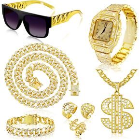 8 Pcs Hip Hop Jewelry Set Dollar Sign Pendant Necklace Bracelet Watch Sunglasses Rings 80s 90s for Men
