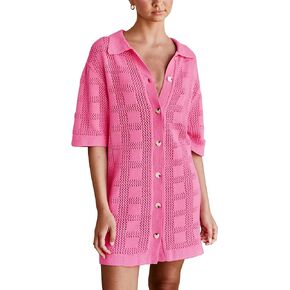 Lumister Summer Knit Shirt Dress for Women Crochet Button Front Shirt Dress Cover Up Bathing Suit Swimwear Knit Beach Dress
