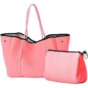 Large Neoprene Tote Bag and Large Makeup Bag Bundle, Waterproof and Lightweight Travel Bags, Durable Travel Essentials for Women (Neon Pink)