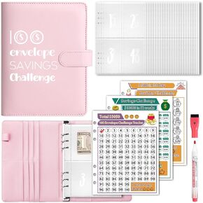 100 Envelopes Money Saving Challenge, A5 Savings Challenges Book Budget Binder with Cash Envelopes Erasable Tracker, Easy and Fun Way to Save $500 $5050 $10000 (Green)