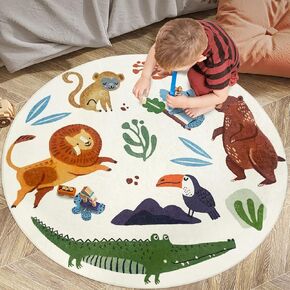 Safari Kids Rug Carpet 6Ft Round Zoo Animal Play Mat Large Jungle Bedroom Rug for Boys Girls Nonslip Soft Children Playroom Rug for Nursery Decor Plush Classroom Rug Floor Carpet