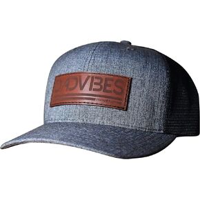 Curved Bill - Dad Vibes Leather Patch Classic Snapback Hat (Heather Charcoal/Black Mesh) Happy Dad Hat