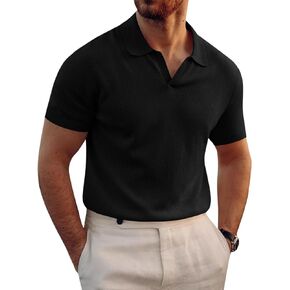 Runcati Mens Knitted Polo Shirt Muscle Short Sleeve V Neck Stretch Casual Slim Fit Vintage Ribbed Golf T-Shirt